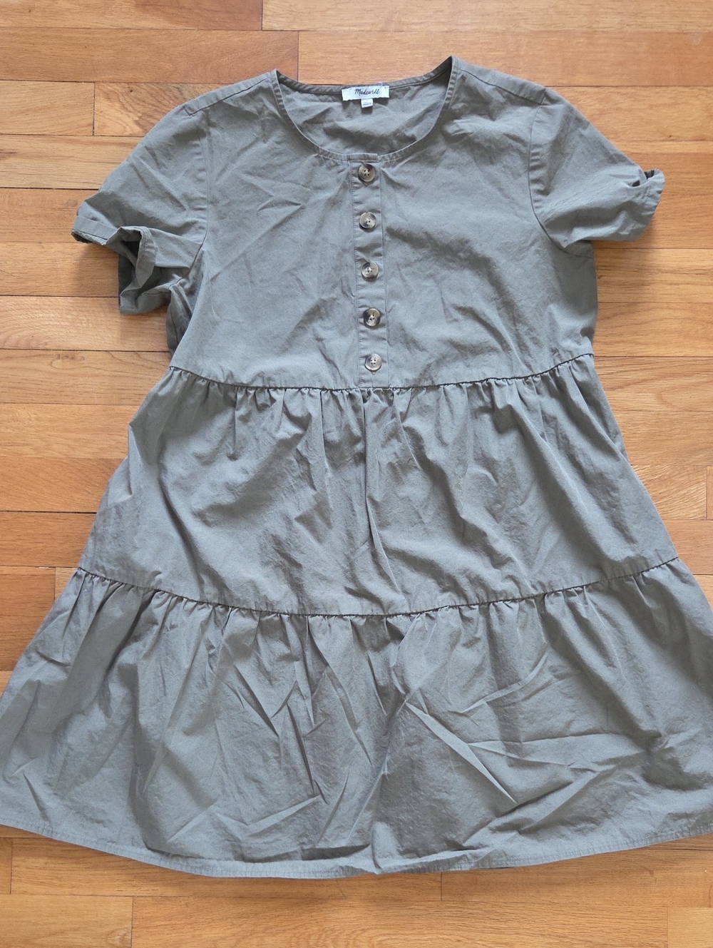 Madewell Poplin Button Front Short Sleeve Tiered Mini Dress In Distant Surplus